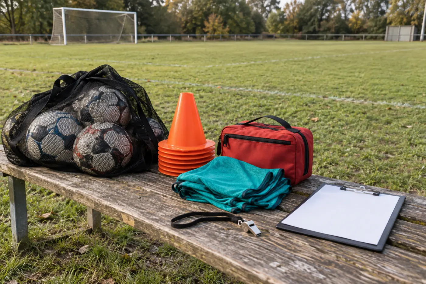 A coach's kit on a wooden bench: a mesh bag of soccer balls, orange cones, a red first-aid kit, folded teal training bibs, a whistle and a blank clipboard