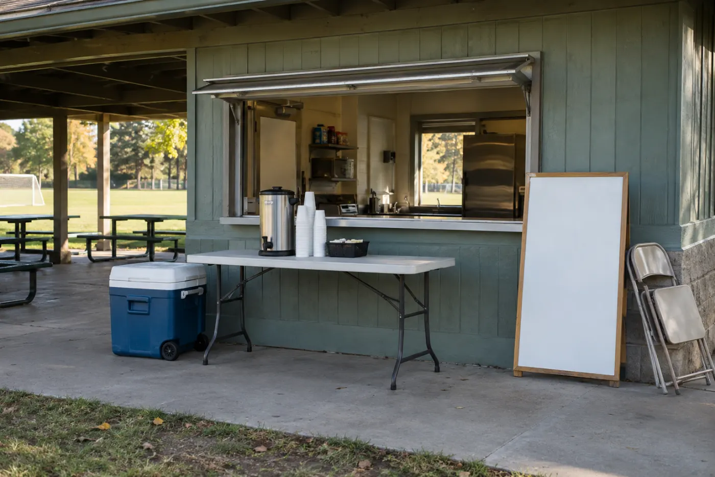 The park pavilion used as a concession stand before opening: a serving window, a folding table with a coffee urn and paper cups, a blank board, a cooler and folding chairs