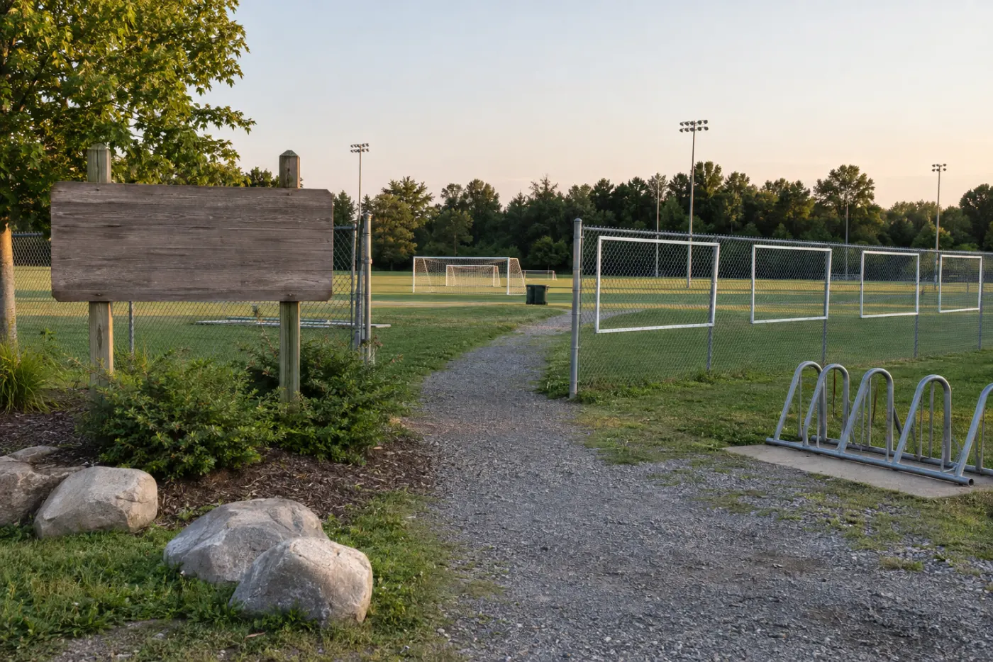 The entrance to the park fields: a blank wooden sign board on two posts, empty banner frames along a chain-link fence, a bike rack and a gravel path
